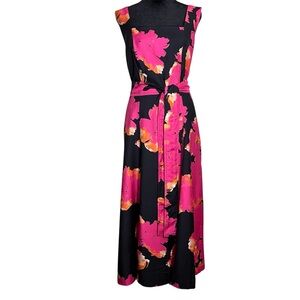 Natori Taichou Floral Cotton Silk Square Tank Midi Belted Dress Size XL